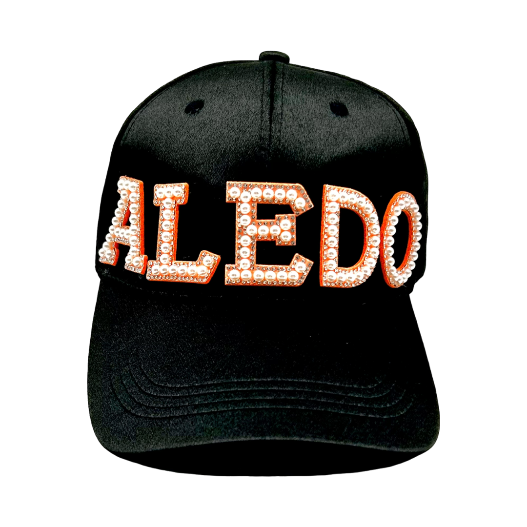 Aledo Orange Pearl and Rhinestone Letter Baseball Cap- Black Satin