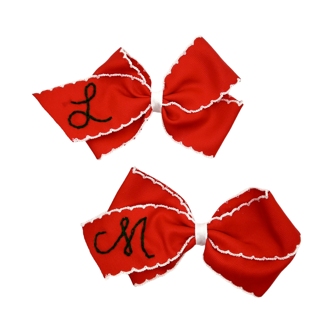 Hand Embroidered Large Holiday Hair Bow with Initial