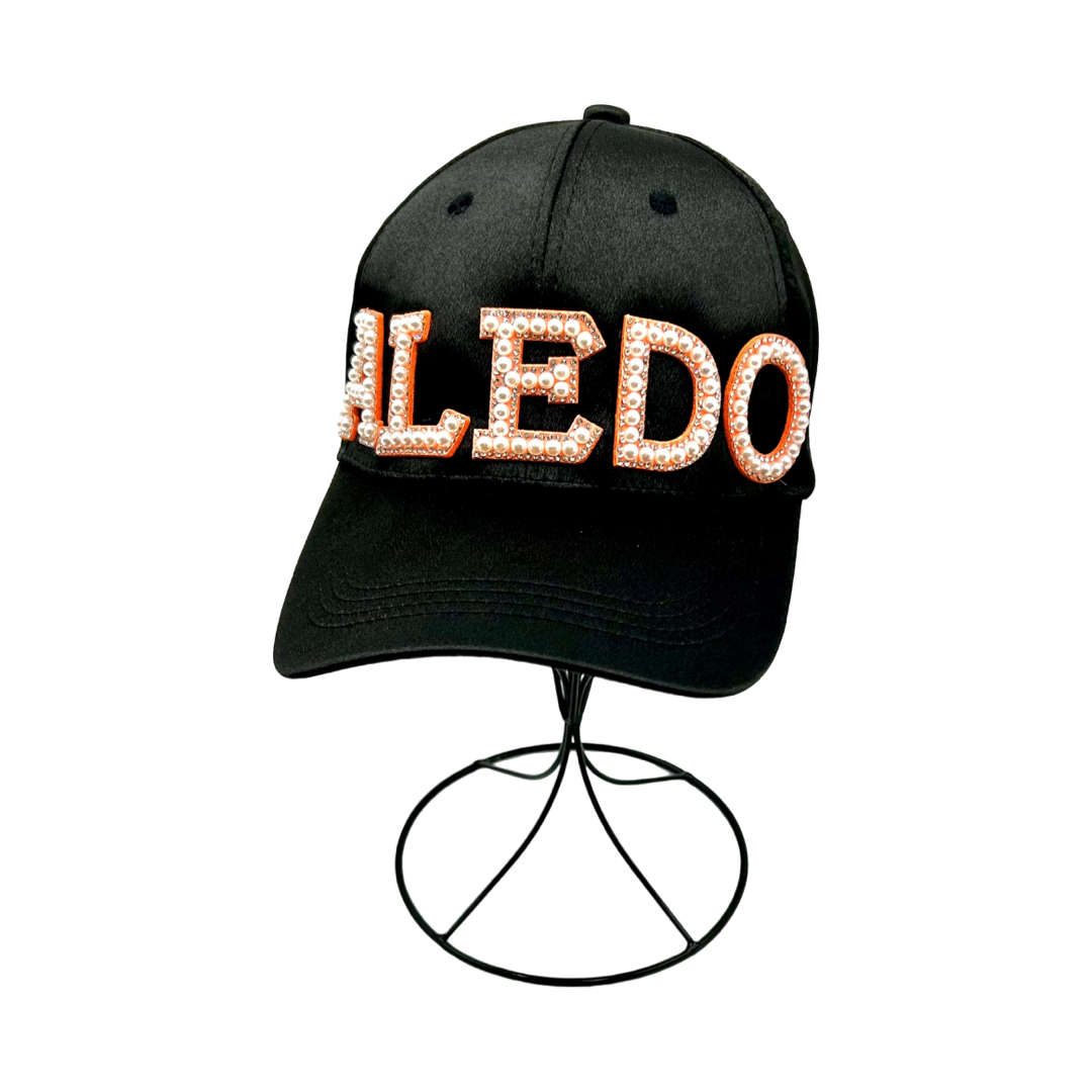 Aledo Orange Pearl and Rhinestone Letter Baseball Cap- Black Satin