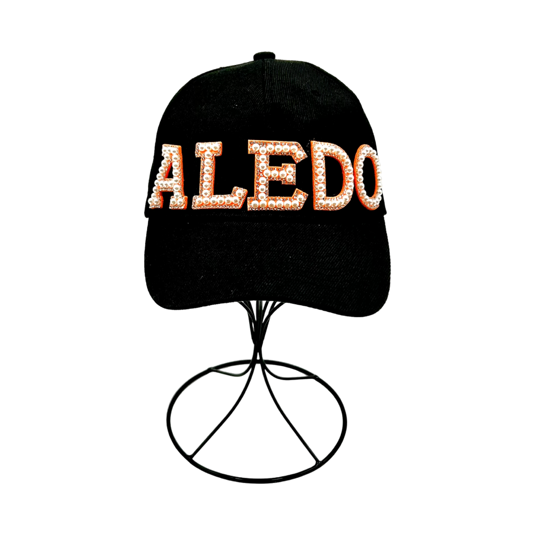 Aledo Orange Pearl and Rhinestone Letter Baseball Cap- Black