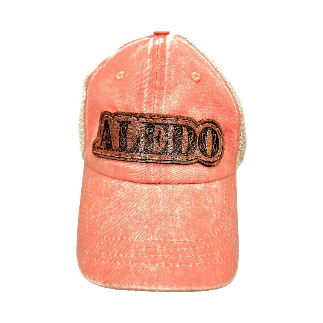 Aledo Leather Patch Hat- Washed Orange Mesh Cap