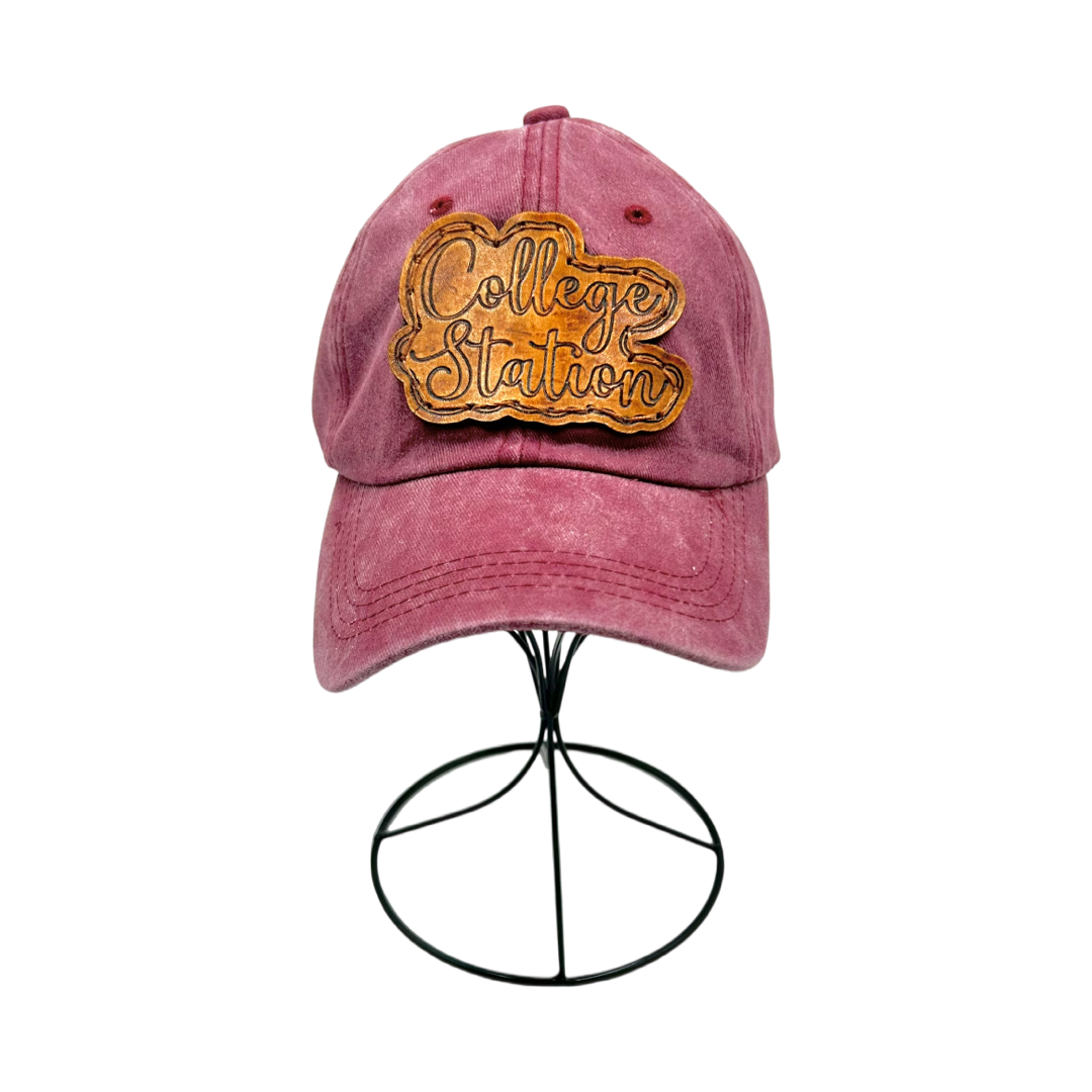 College Station Leather Patch Hat- Washed Maroon Dad Cap