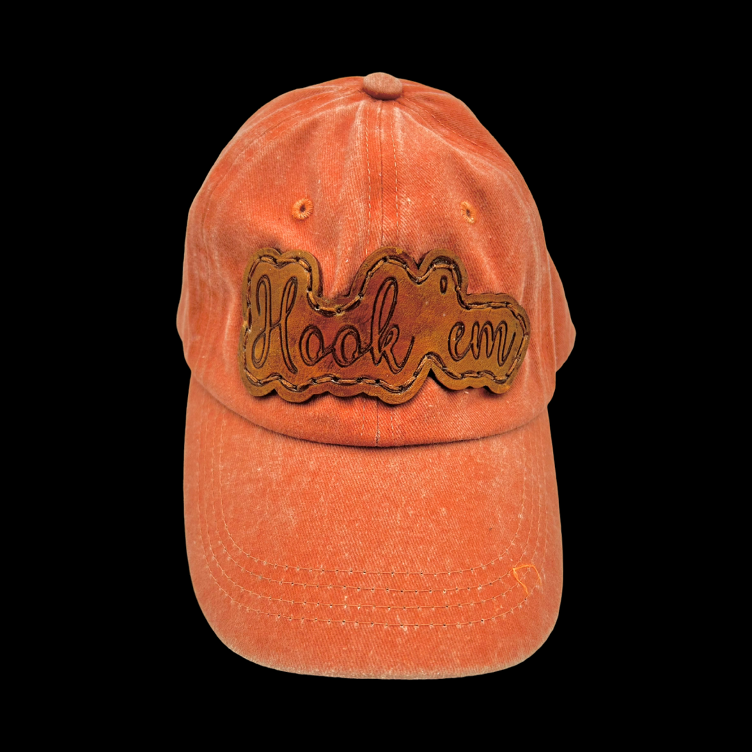 Hook 'Em Texas Leather Patch Hat- Washed Orange Dad Cap