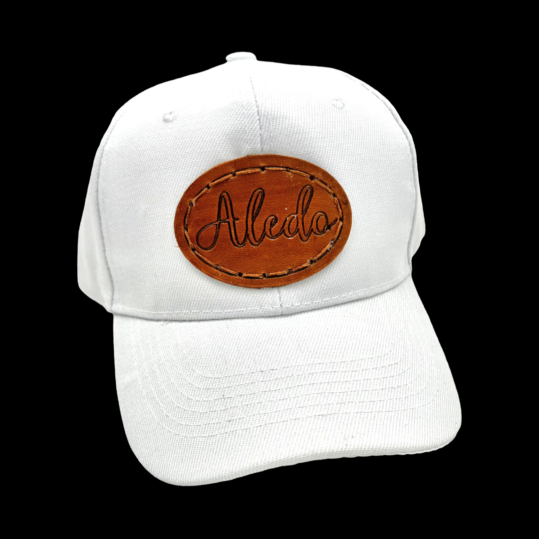 Aledo Script Leather Patch Hat- White Classic Hat