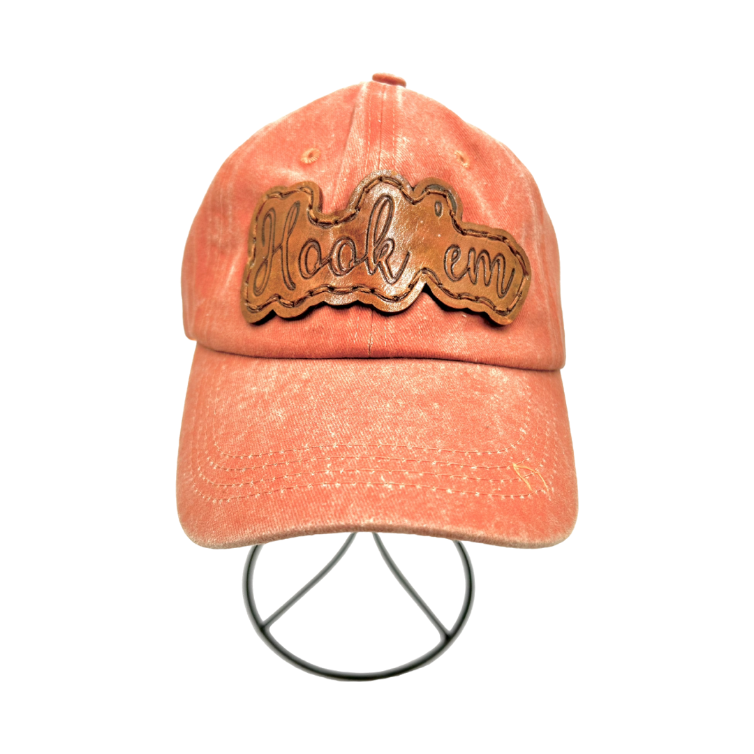 Hook 'Em Texas Leather Patch Hat- Washed Orange Dad Cap