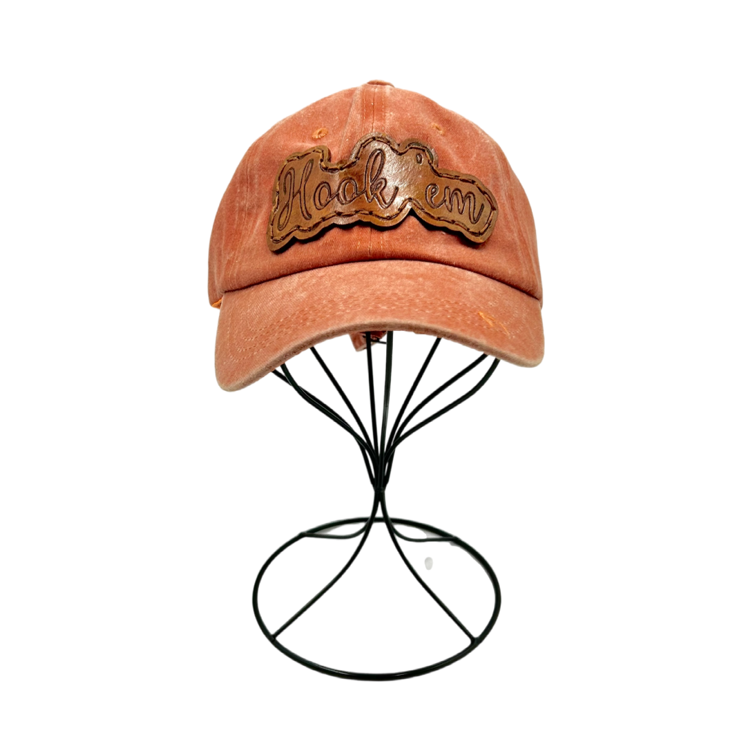 Hook 'Em Texas Leather Patch Hat- Washed Orange Dad Cap