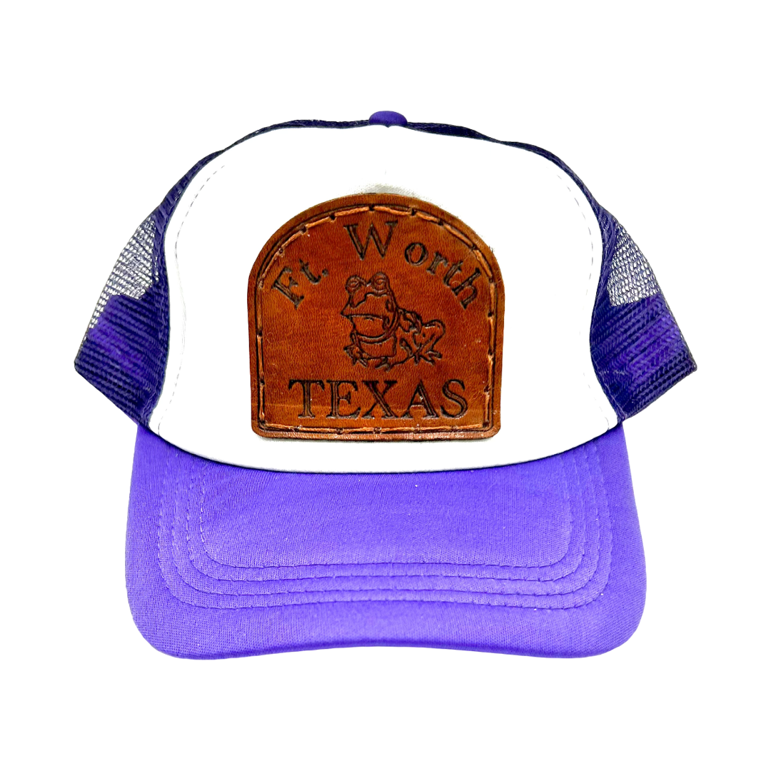 Hypnotoad Leather Patch Hat- Purple and White Ft. Worth Hypnotoad Trucker Hat