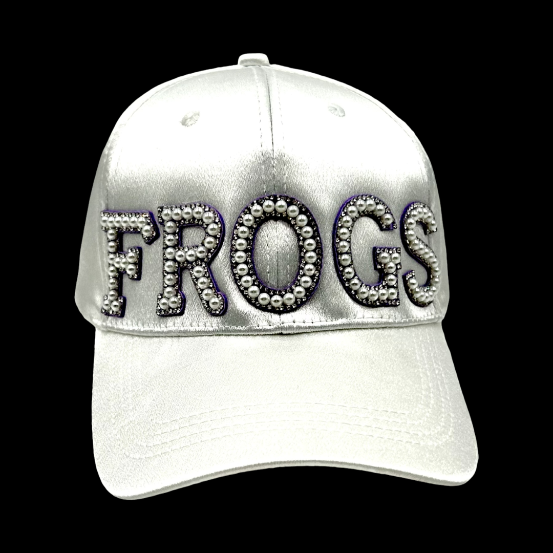 Frogs Pearl and Rhinestone Baseball Cap- White Satin