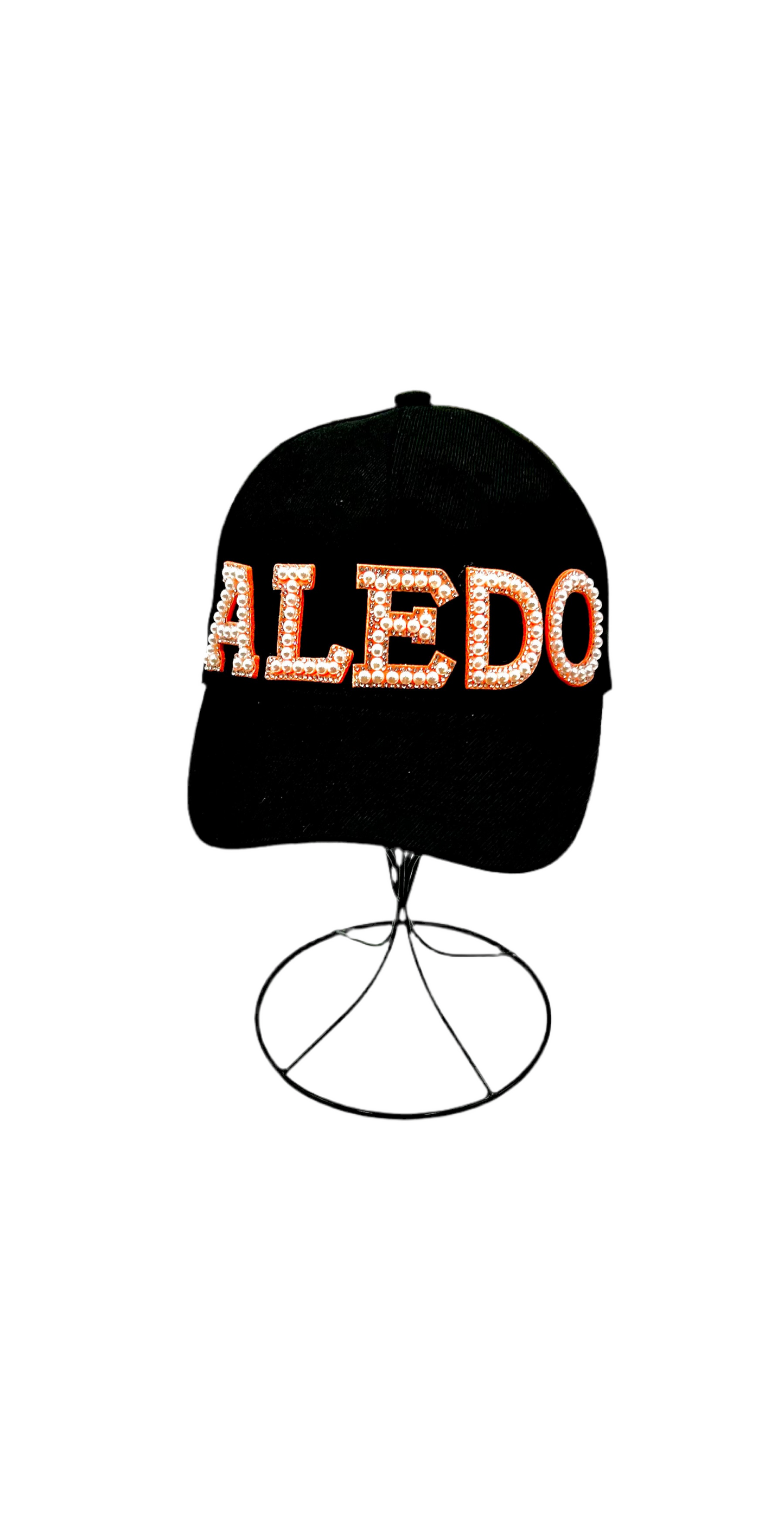 Aledo Orange Pearl and Rhinestone Letter Baseball Cap- Black