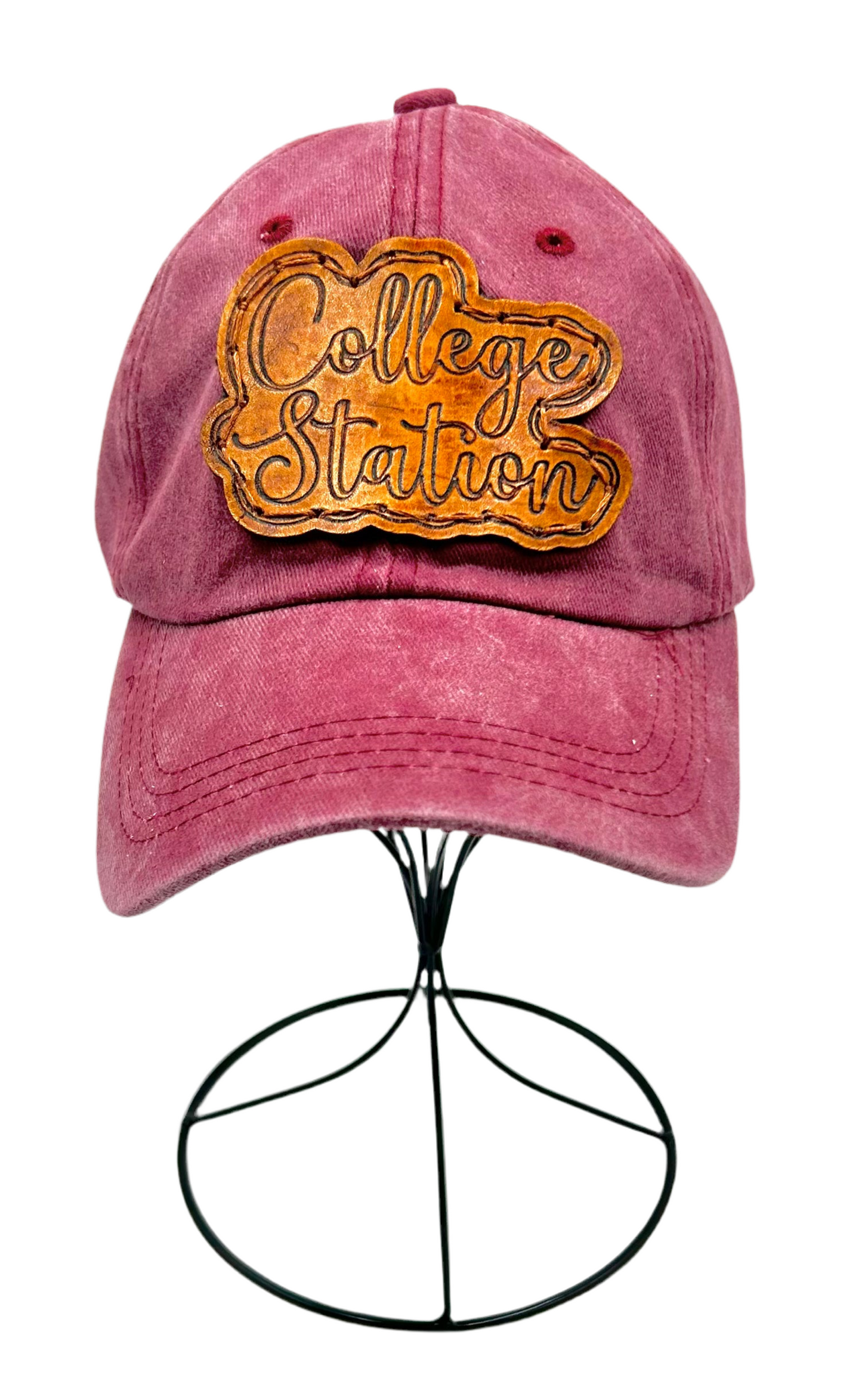 College Station Leather Patch Hat- Washed Maroon Dad Cap