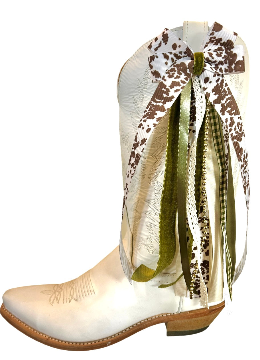 Boot Bows- Green with Brown Cow Print