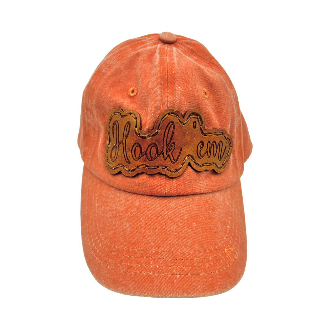 Hook 'Em Texas Leather Patch Hat- Washed Orange Dad Cap