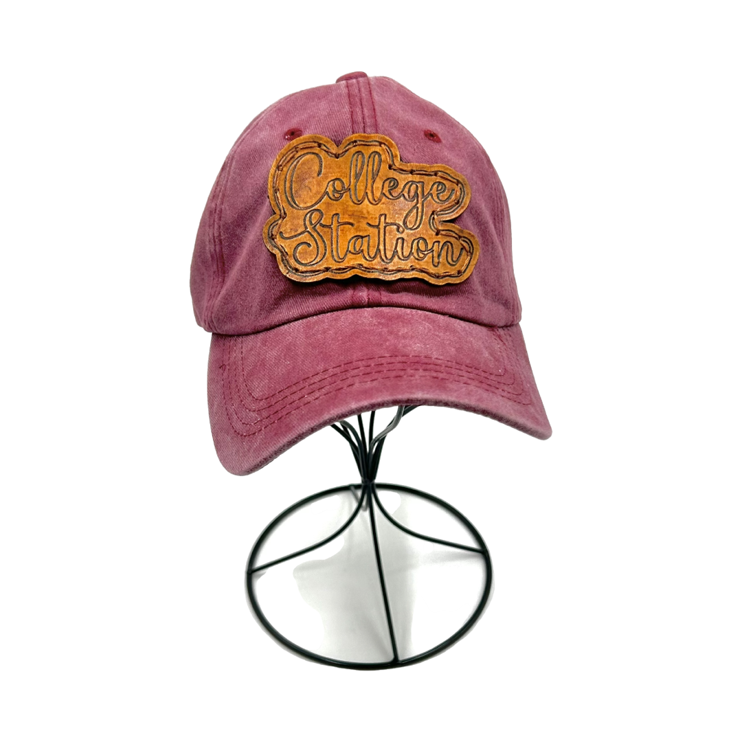 College Station Leather Patch Hat- Washed Maroon Dad Cap