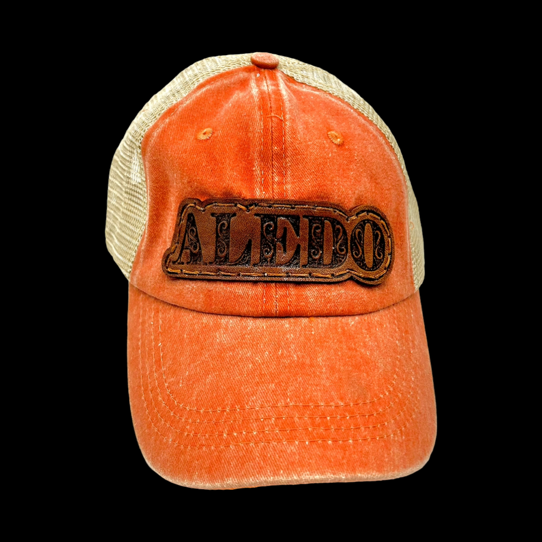 Aledo Leather Patch Hat- Washed Orange Mesh Cap