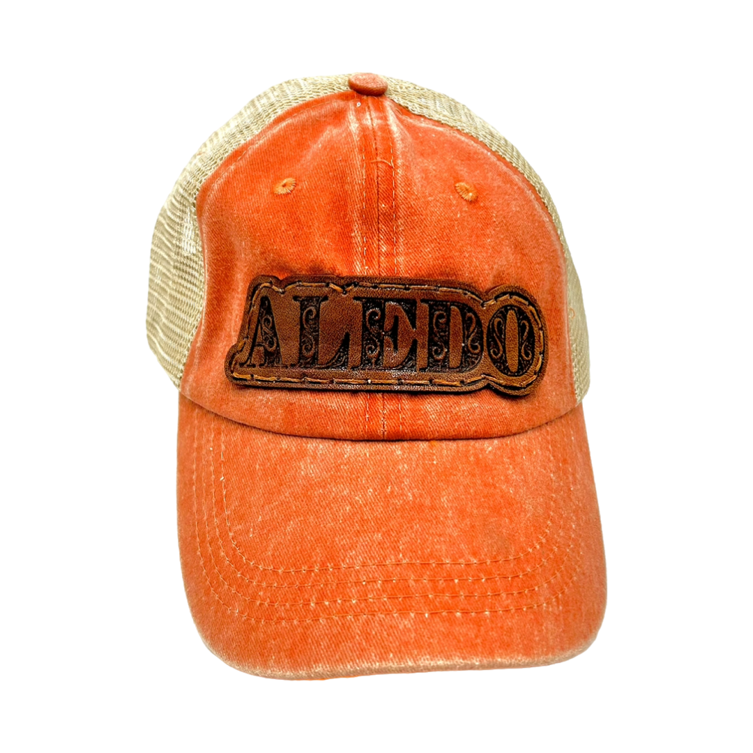 Aledo Leather Patch Hat- Washed Orange Mesh Cap