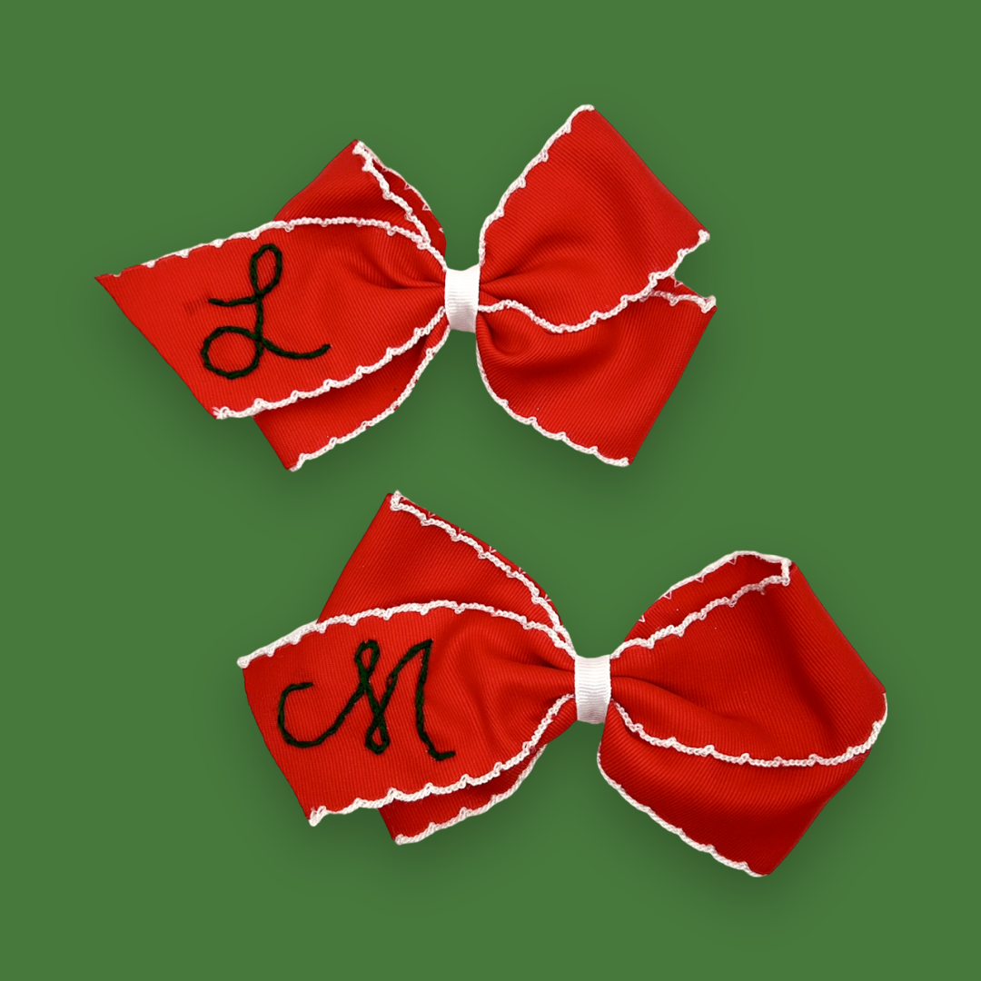Hand Embroidered Large Holiday Hair Bow with Initial
