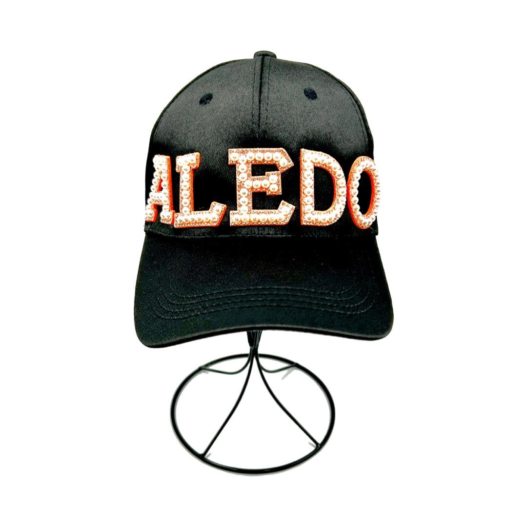 Aledo Orange Pearl and Rhinestone Letter Baseball Cap- Black Satin