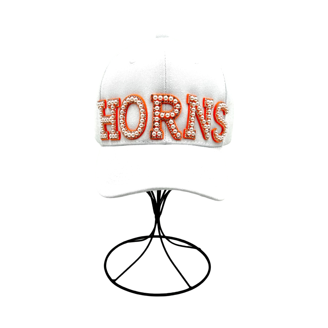 Orange Pearl and Rhinestone Letter Horns Baseball Cap- White Classic Cap