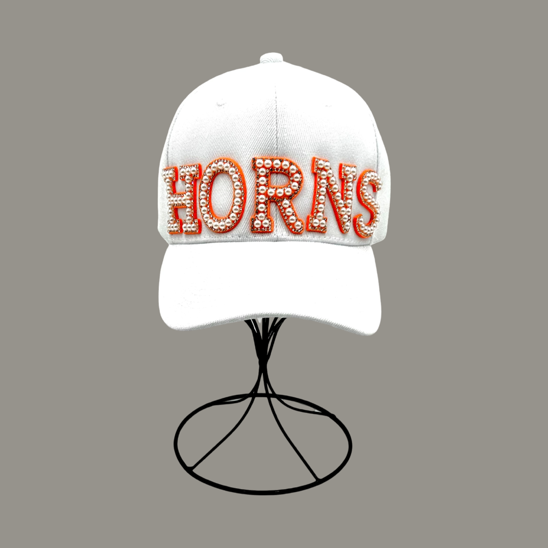 Orange Pearl and Rhinestone Letter Horns Baseball Cap- White Classic Cap