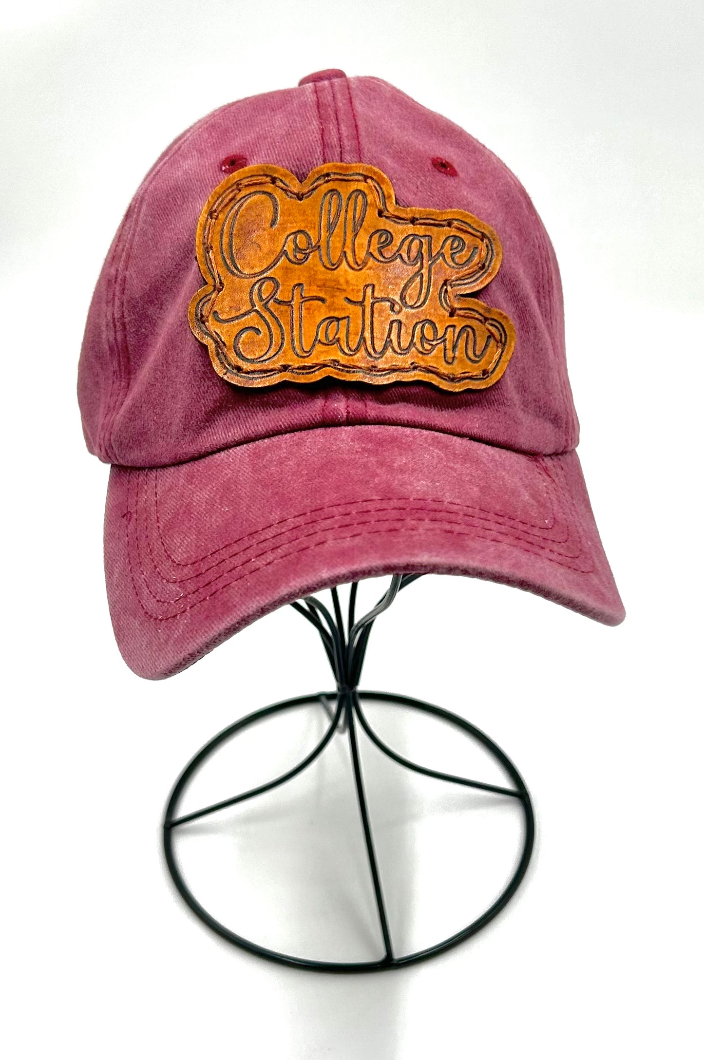 College Station Leather Patch Hat- Washed Maroon Dad Cap