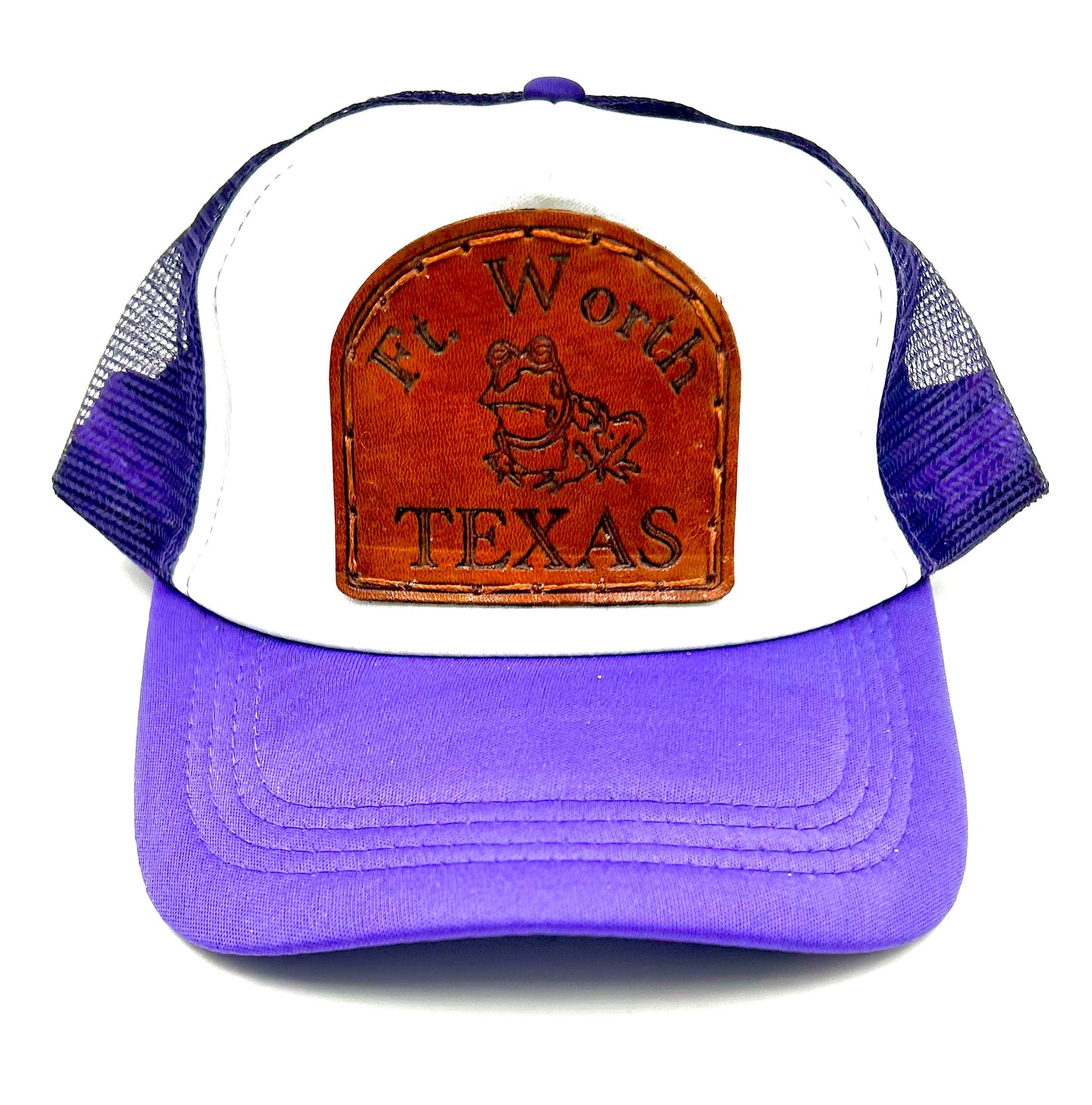 Hypnotoad Leather Patch Hat- Purple and White Ft. Worth Hypnotoad Trucker Hat